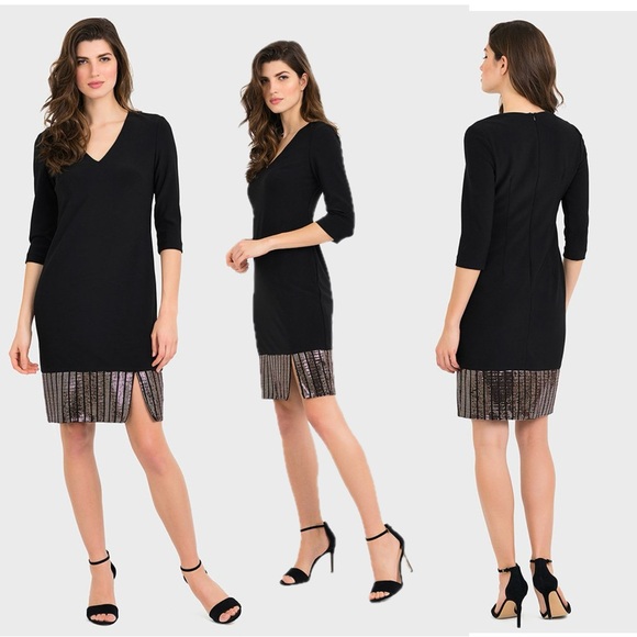 Joseph Ribkoff black V-neck sheath dress metallic Rose Gold sequin accents 6 NWT - Picture 15 of 15